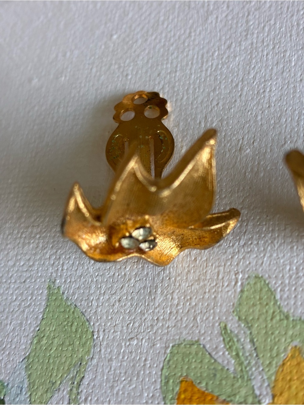 Gold Floral Clip-On Earrings with Crystal Accent - Picture 2 of 4